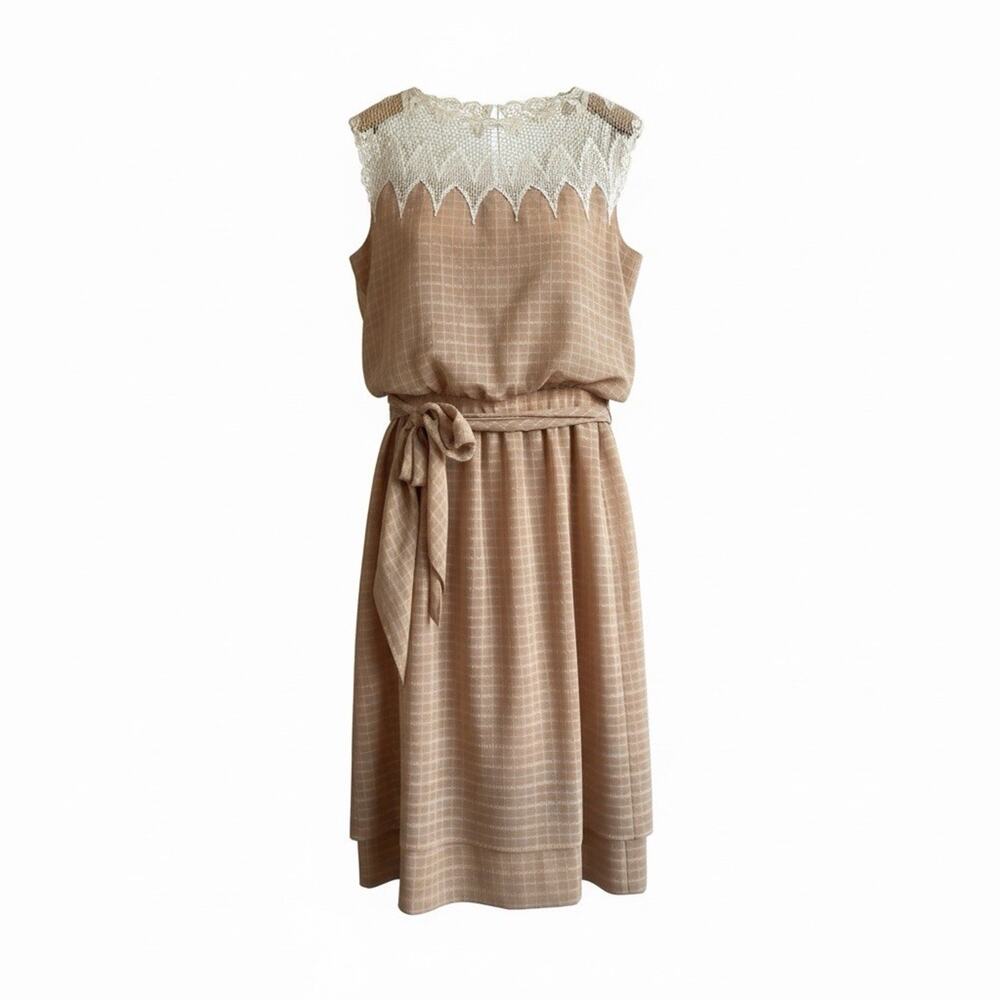 Vintage Frank Masandrea Crochet Yoke Tan Midi Dress Union Made USA Med Designer